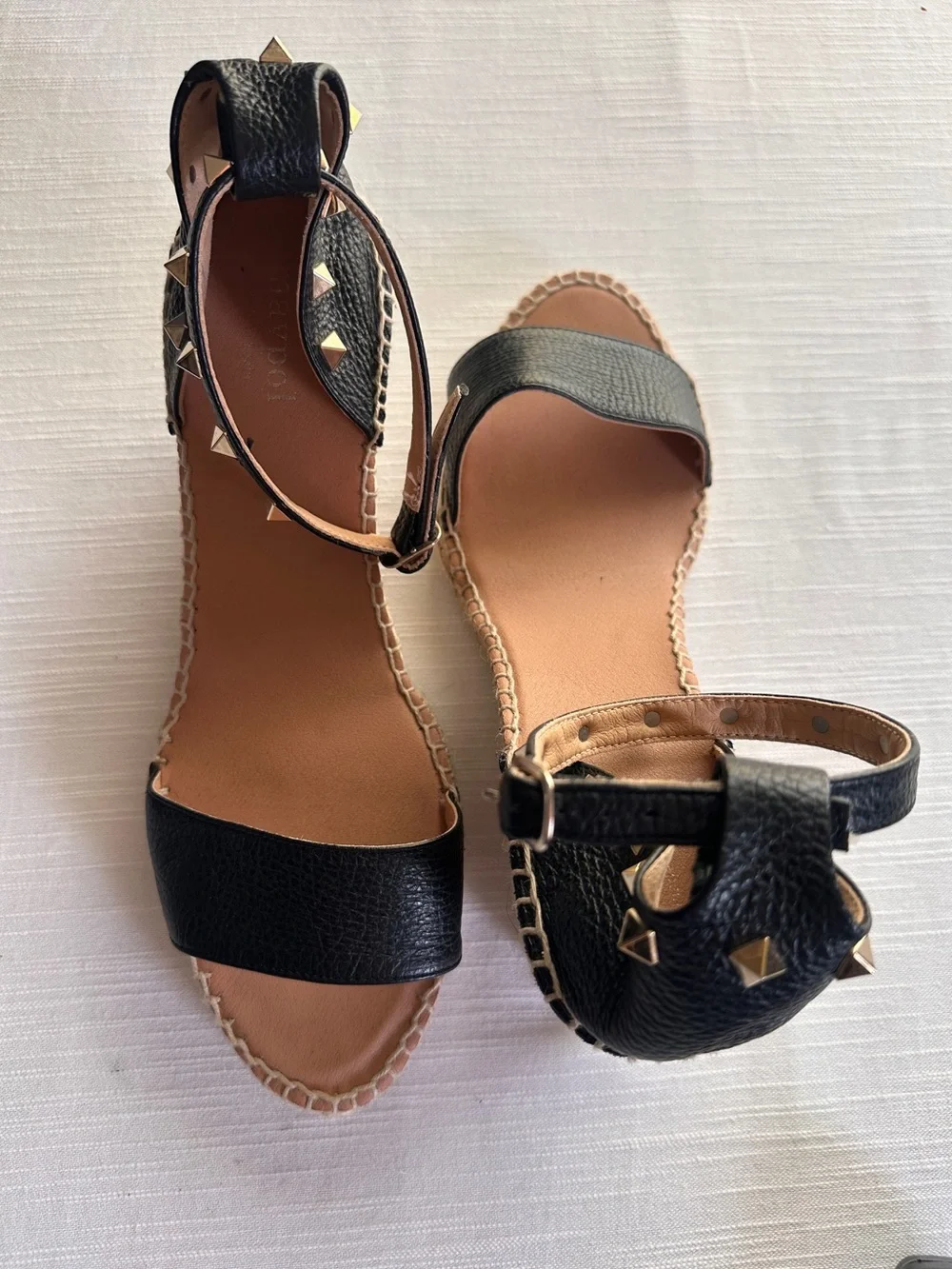 Maypol Black Pebbled Leather Studded Espadrille Wedge Sandals NWOB 42